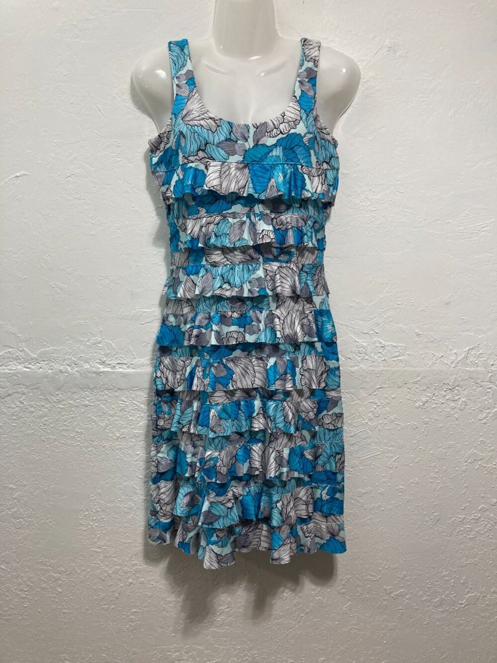 Tango Mango Layered Ruffle Sleeveless Mini Dress Tropical Blue Resort TP/XS